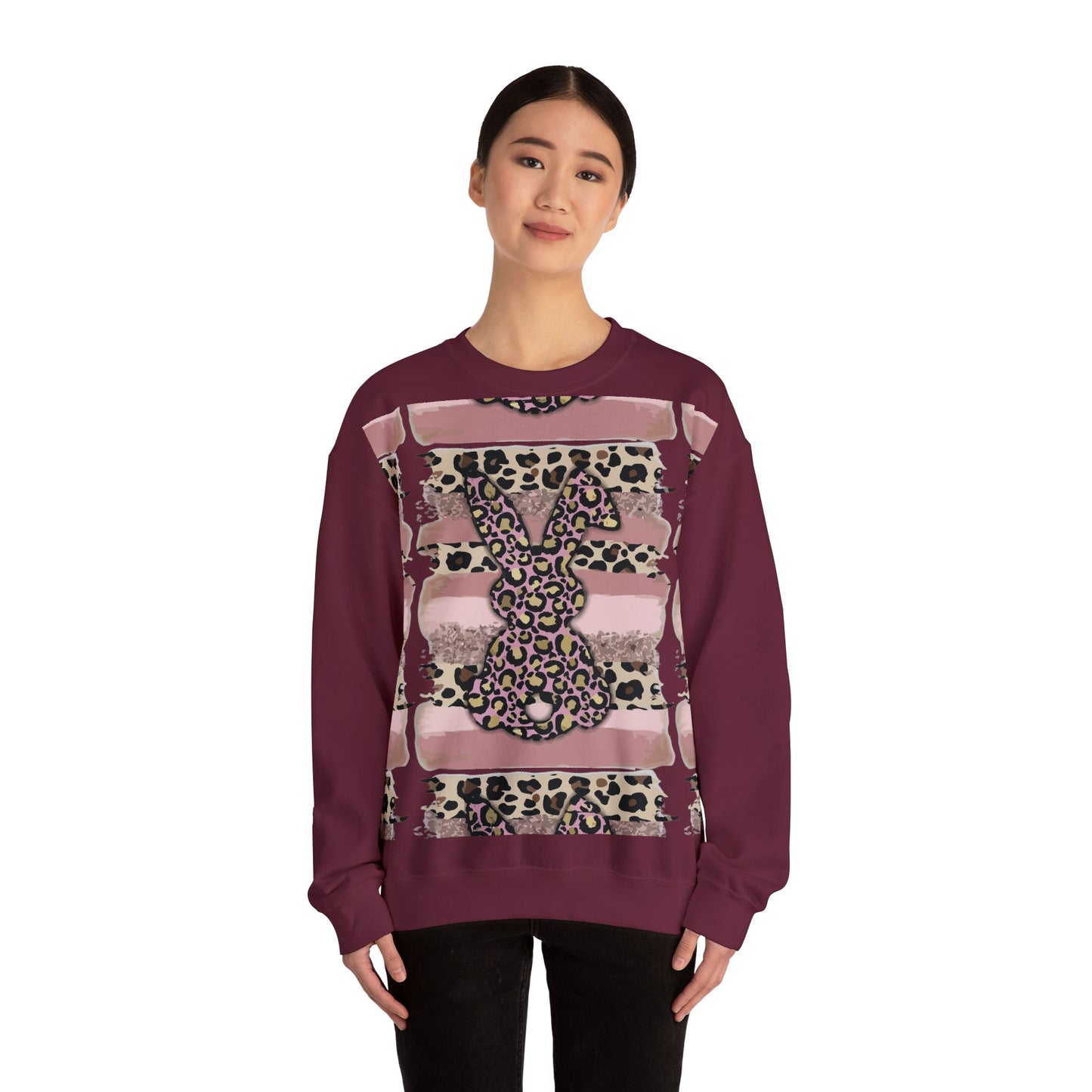 Leopard Print Bunny Crewneck Sweatshirt — Pink Striped Animal Easter Pullover