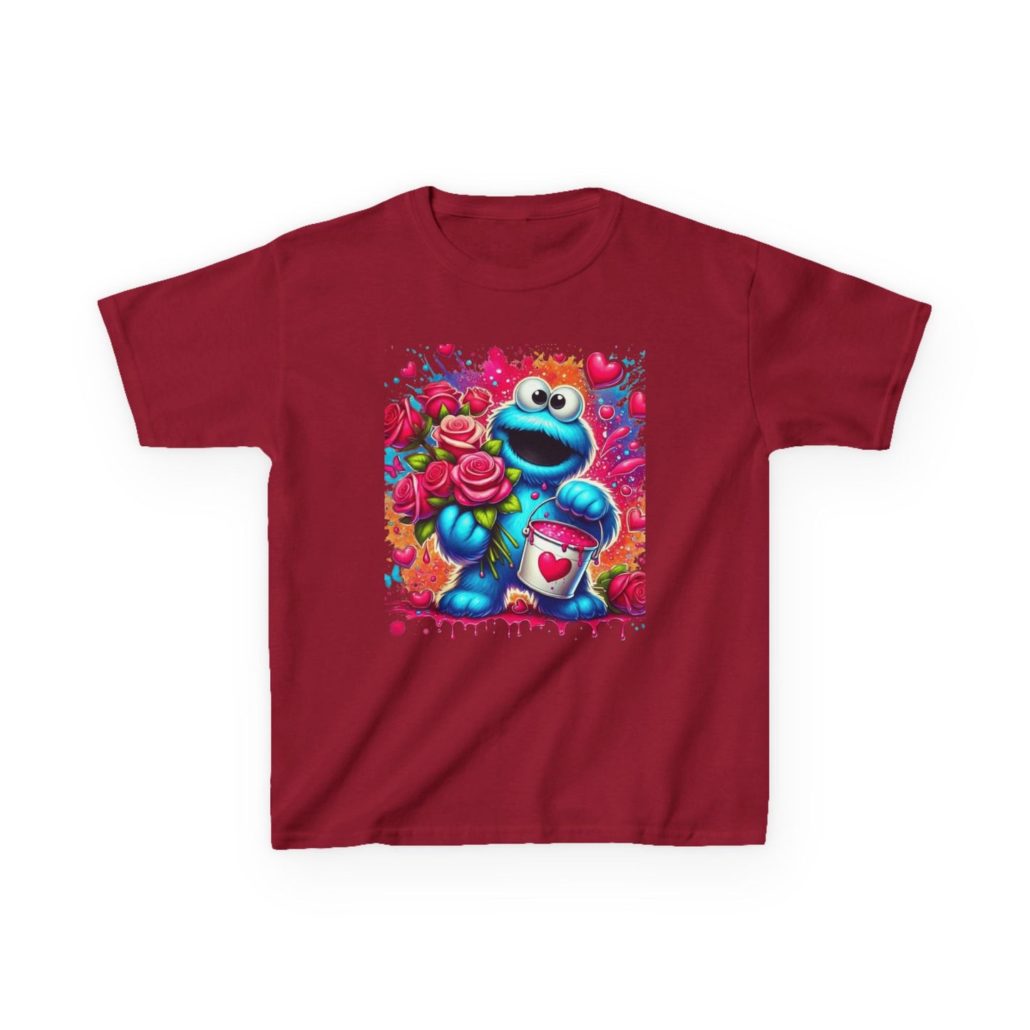 Valentine Blue Monster Kids Tee — Cute Fluffy Monster with Roses & Heart Paint