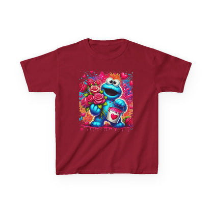 Valentine Blue Monster Kids Tee — Cute Fluffy Monster with Roses & Heart Paint