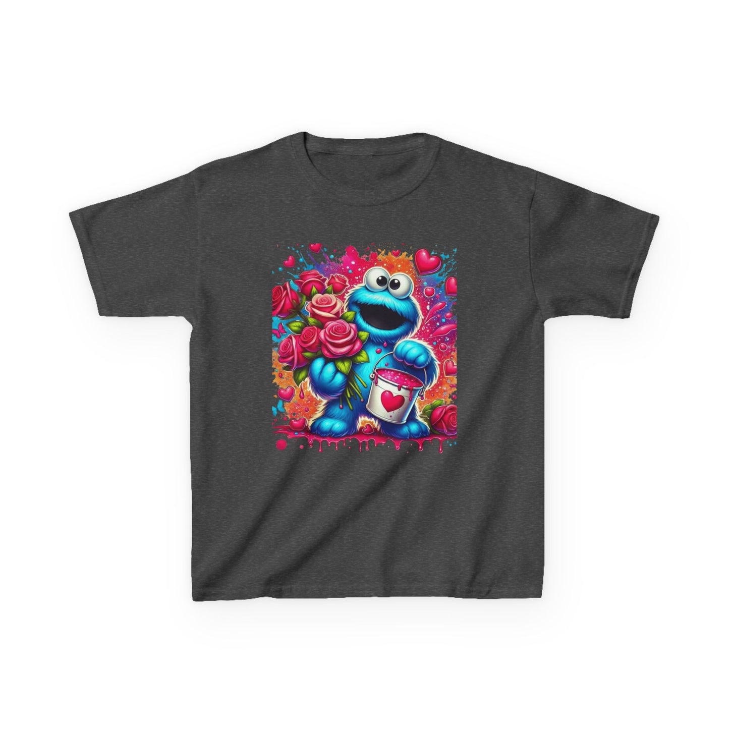 Valentine Blue Monster Kids Tee — Cute Fluffy Monster with Roses & Heart Paint