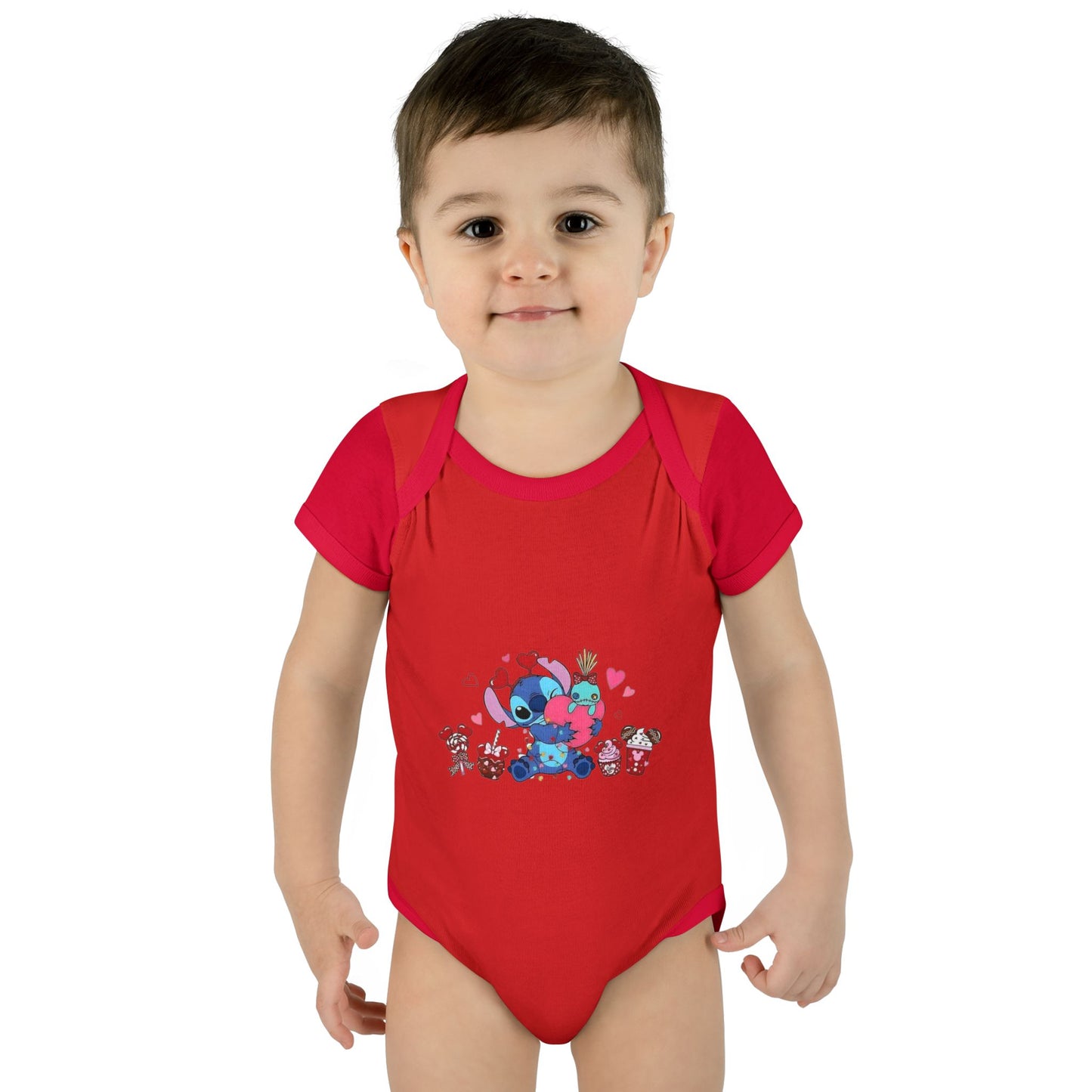 Stitch Valentine Baby Bodysuit — Cute Disney-Inspired Infant Onesie with Hearts & Treats