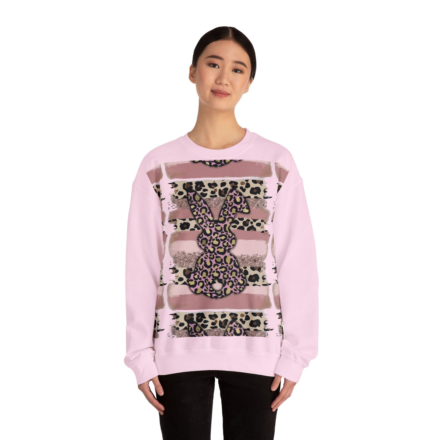 Leopard Print Bunny Crewneck Sweatshirt — Pink Striped Animal Easter Pullover