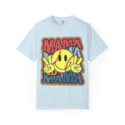Mama Softball Smile T-Shirt — Retro Peace Sign Softball Mom Tee