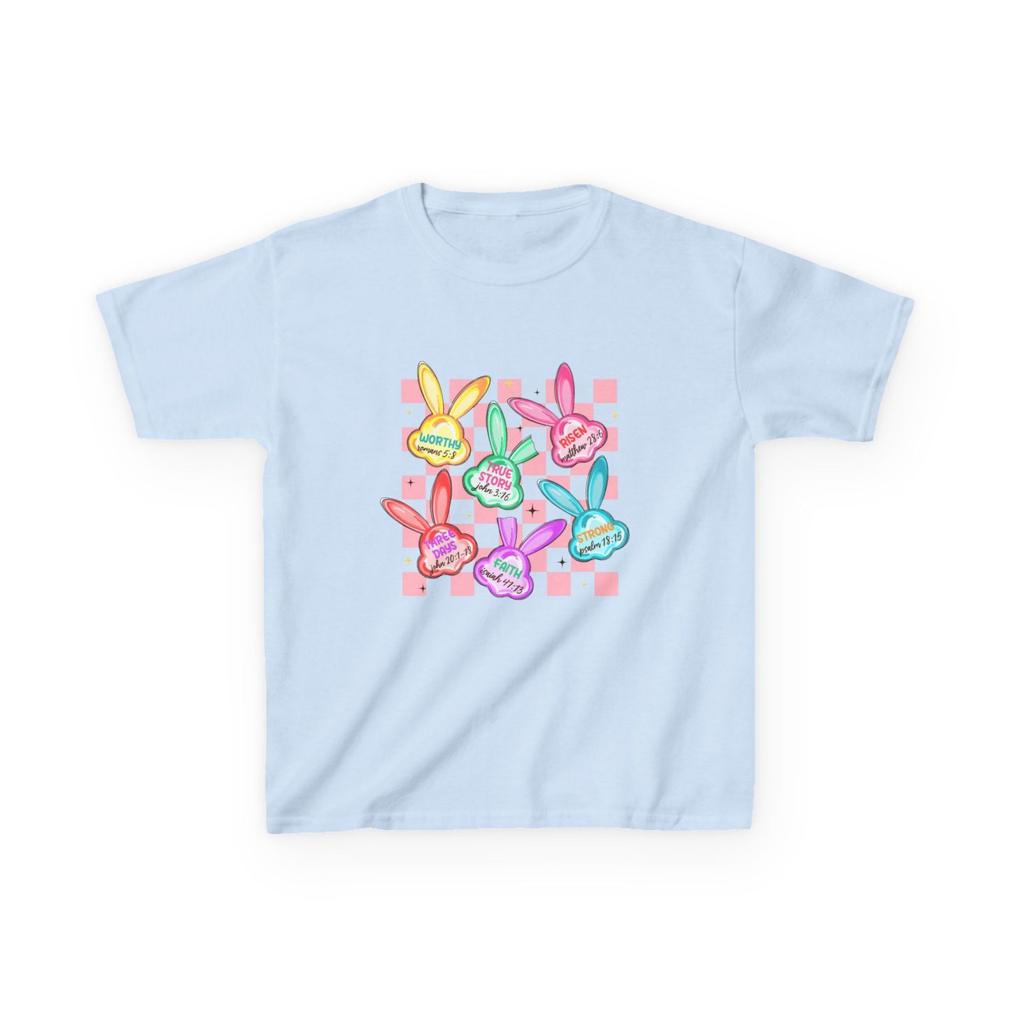 Kids Tee — Colorful Pastel Bunny Badges “Hug Me” Graphic