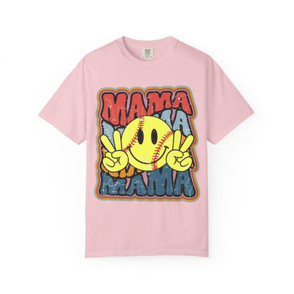 Mama Softball Smile T-Shirt — Retro Peace Sign Softball Mom Tee