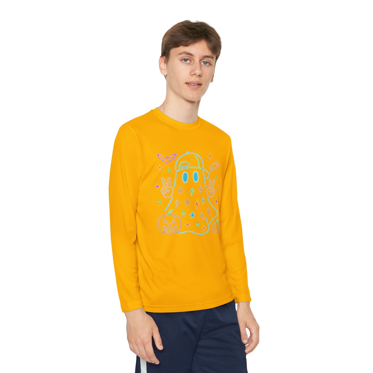 Youth Long Sleeve Ghost Tee, Halloween Shirt, Pumpkin Design, Cute Apparel, Kids' Holiday Wear, Spooky Fun Top