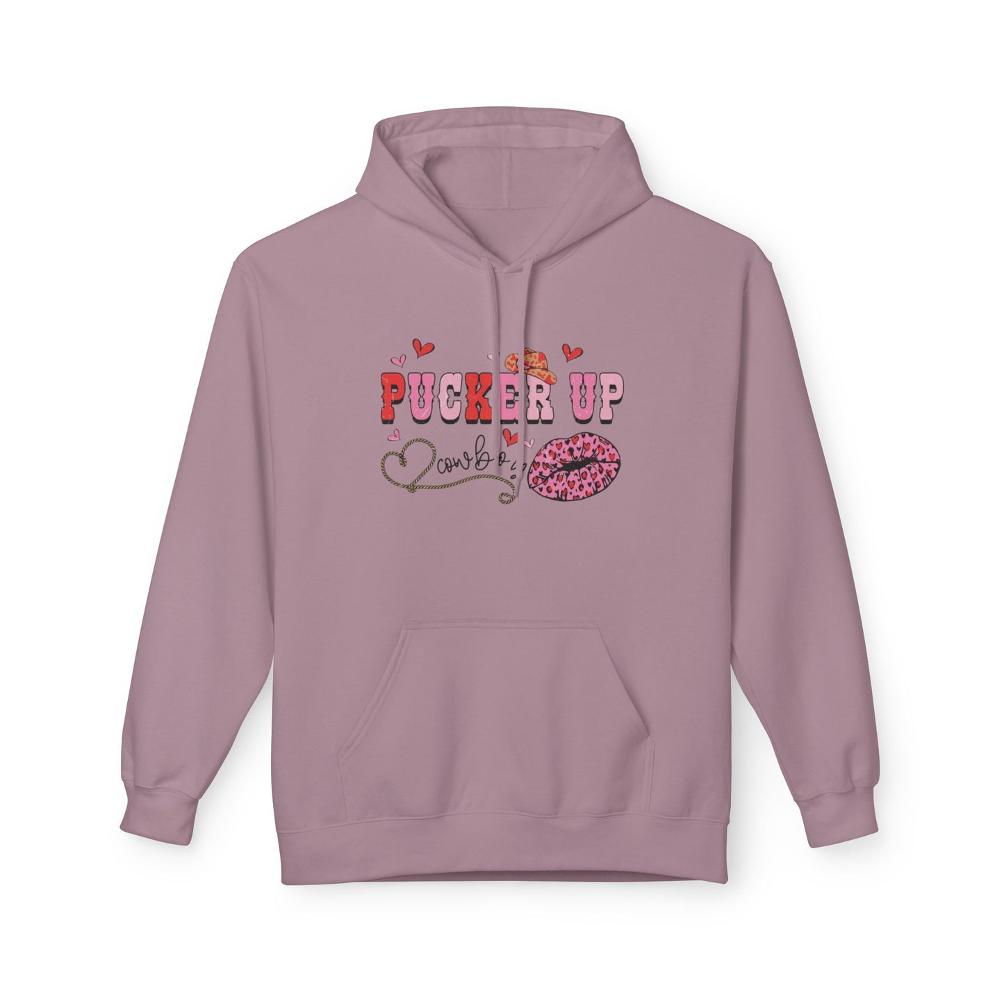 Pucker Up Hoodie — Pink Lip Print Valentine’s Graphic Sweatshirt