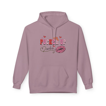 Pucker Up Hoodie — Pink Lip Print Valentine’s Graphic Sweatshirt
