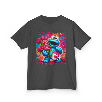 Valentine Blue Monster Kids Tee — Cute Fluffy Monster with Roses & Heart Paint