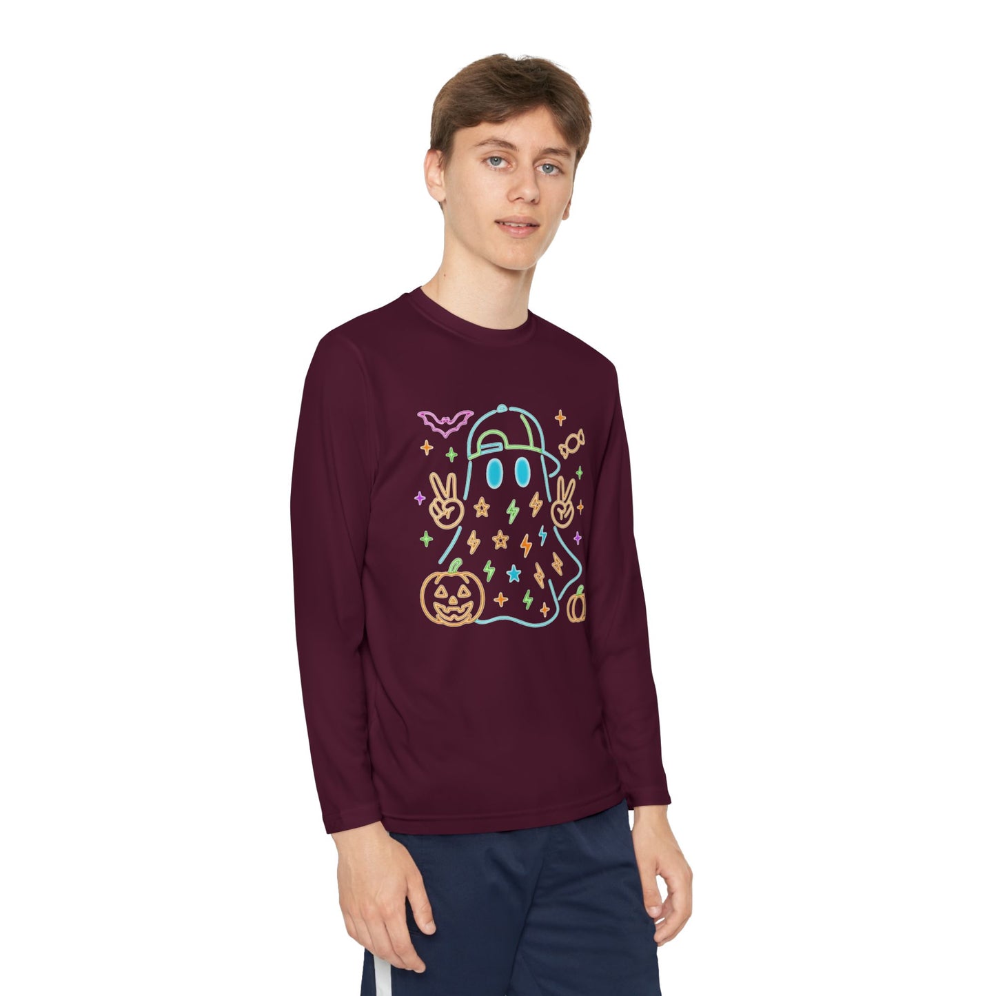 Youth Long Sleeve Ghost Tee, Halloween Shirt, Pumpkin Design, Cute Apparel, Kids' Holiday Wear, Spooky Fun Top