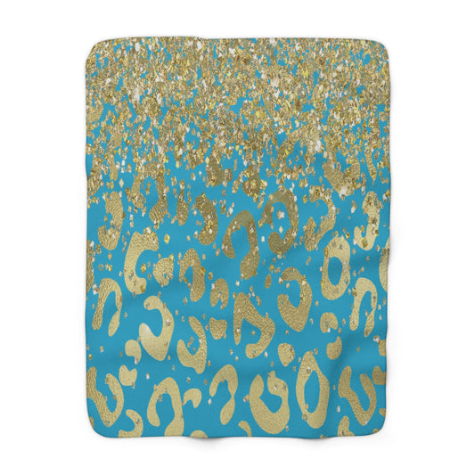 Turquoise Gold Leopard Sherpa Blanket — Cozy Luxe Animal Print Throw