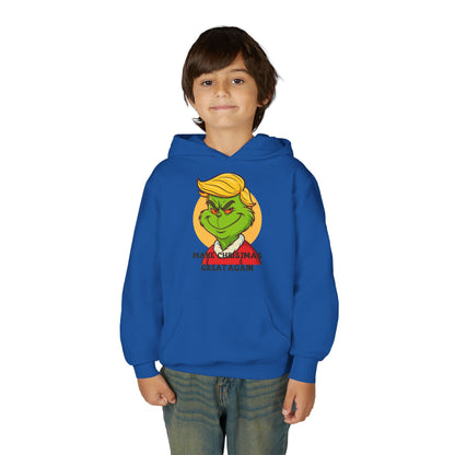 Youth Hoodie — Grinch Face Holiday Sweatshirt with 'Make Christmas Great Again' Text