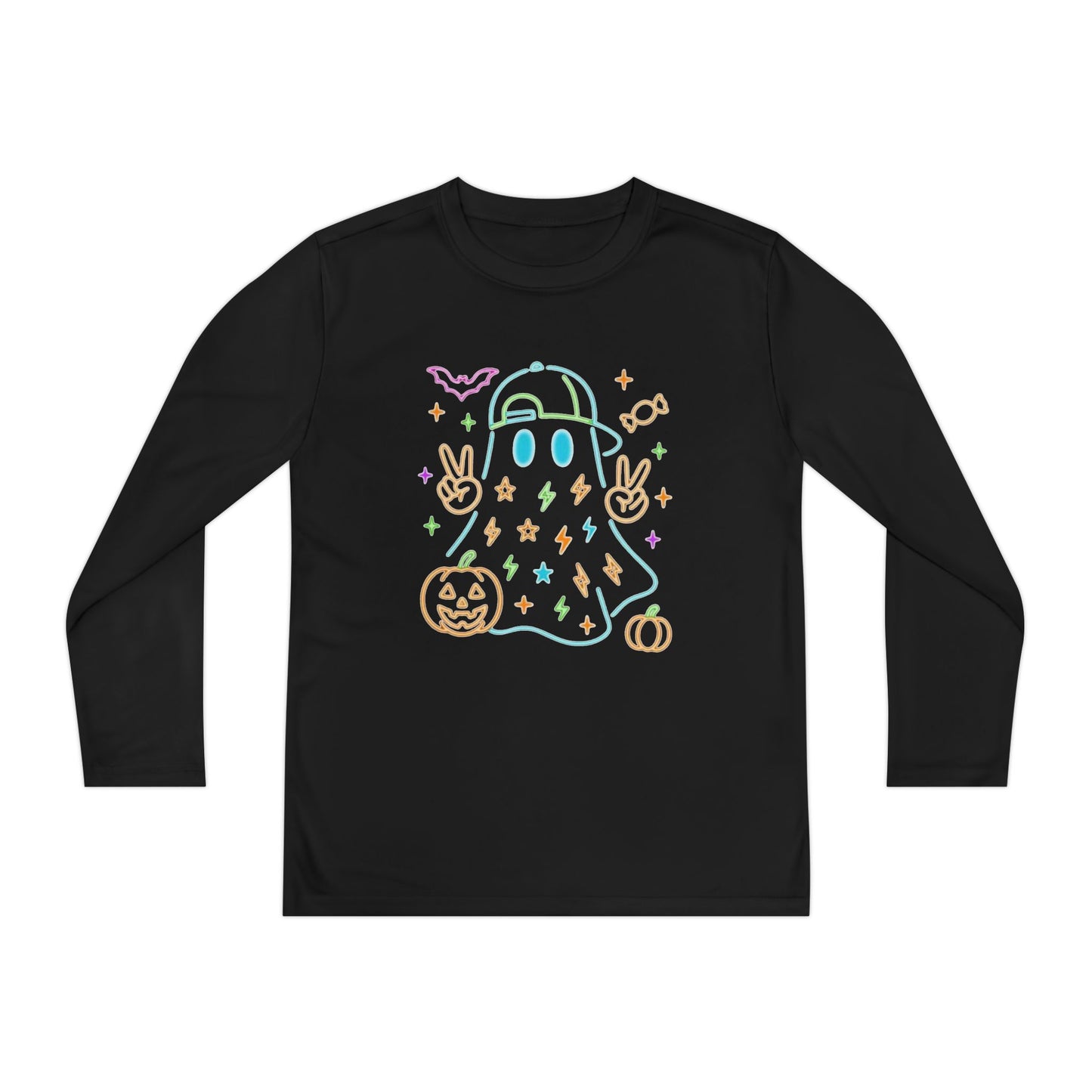 Youth Long Sleeve Ghost Tee, Halloween Shirt, Pumpkin Design, Cute Apparel, Kids' Holiday Wear, Spooky Fun Top
