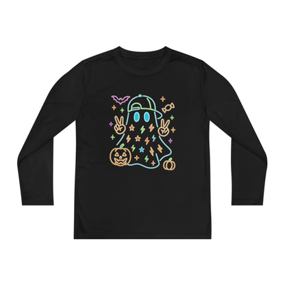 Youth Long Sleeve Ghost Tee, Halloween Shirt, Pumpkin Design, Cute Apparel, Kids' Holiday Wear, Spooky Fun Top