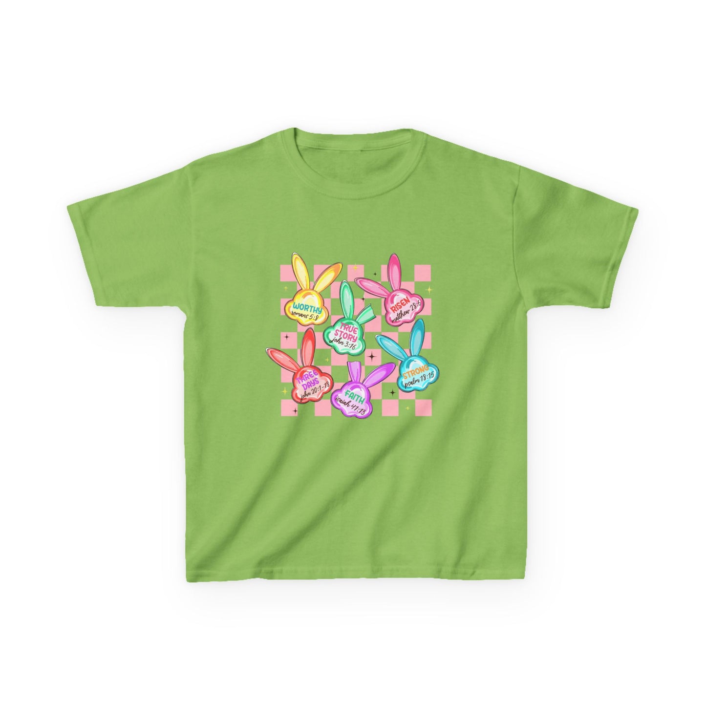 Kids Tee — Colorful Pastel Bunny Badges “Hug Me” Graphic