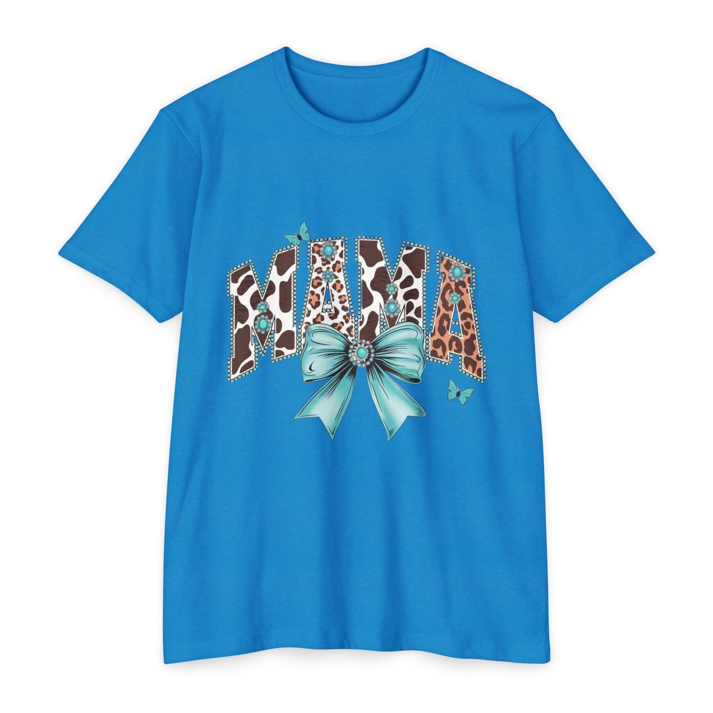 Mama Leopard Print Ribbon T‑Shirt — Teal Bow Mom Shirt