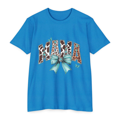 Mama Leopard Print Ribbon T‑Shirt — Teal Bow Mom Shirt