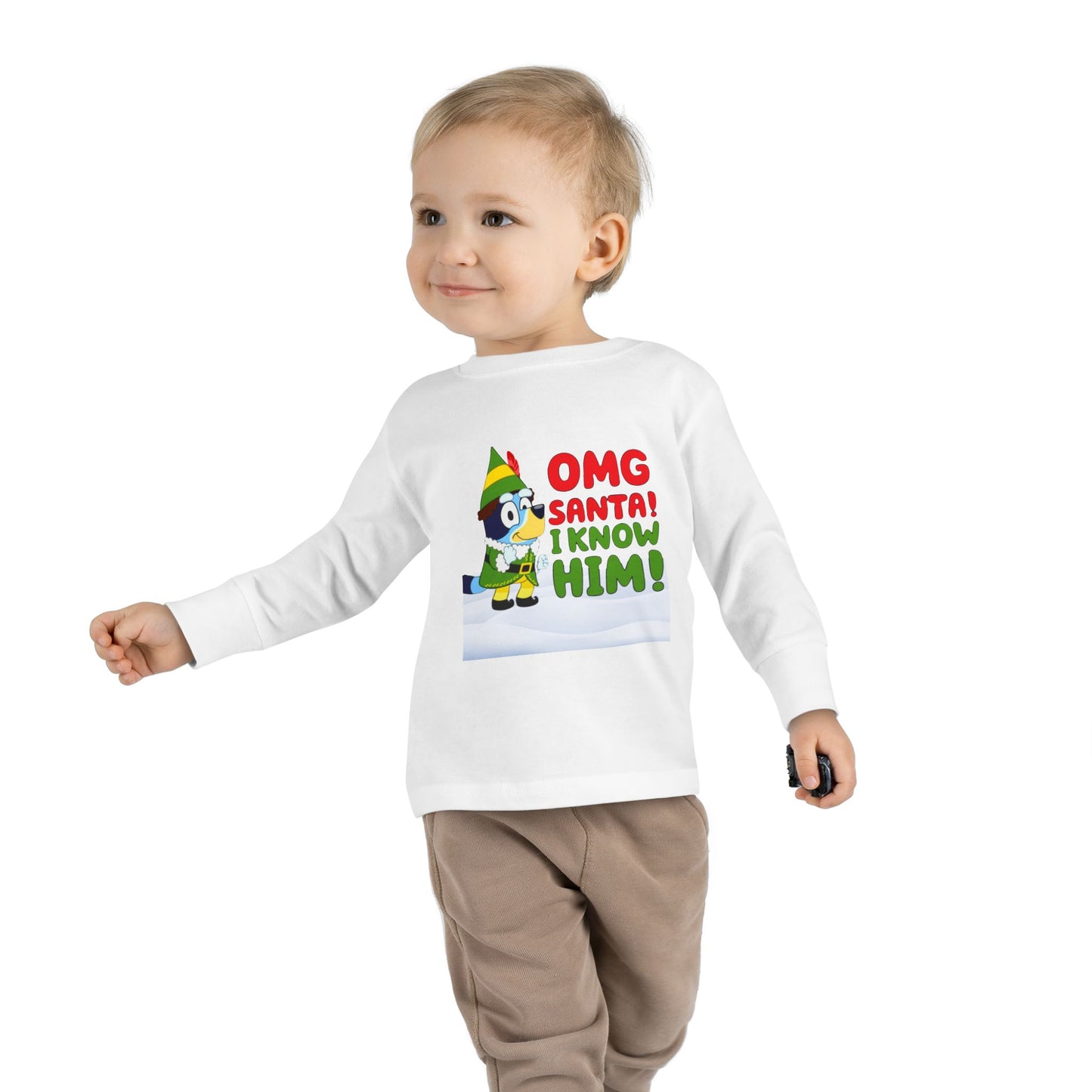 BLUE-Y Toddler Long Sleeve Tee — "OMG Santa! I Know Him!" DOG Christmas Shirt