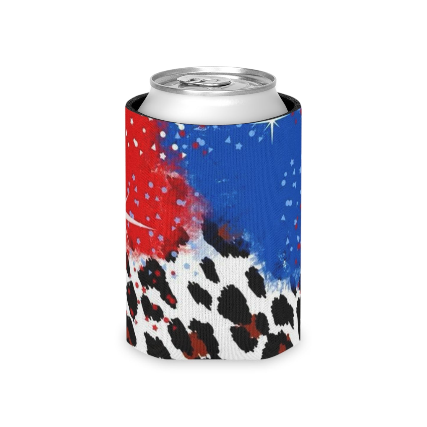 Patriotic Leopard Can Cooler – Red White Blue Abstract Drink Koozie