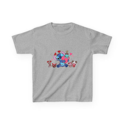Stitch- Kids Valentine Alien Tee — Cute Blue Alien Hugging Pink Heart Plushie