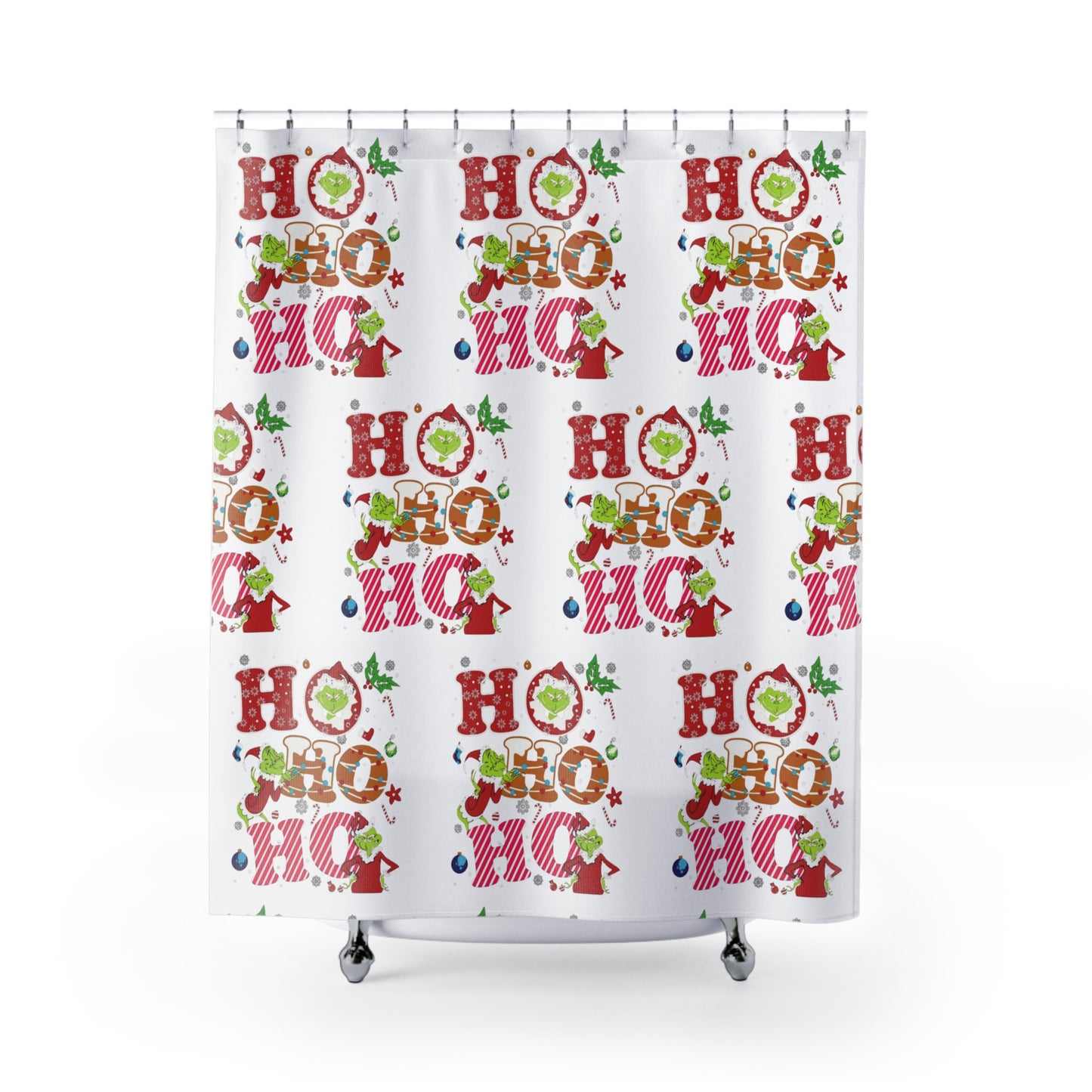 Festive Grinch Holiday Shower Curtain with 'HO HO HO' Design