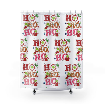 Festive Grinch Holiday Shower Curtain with 'HO HO HO' Design