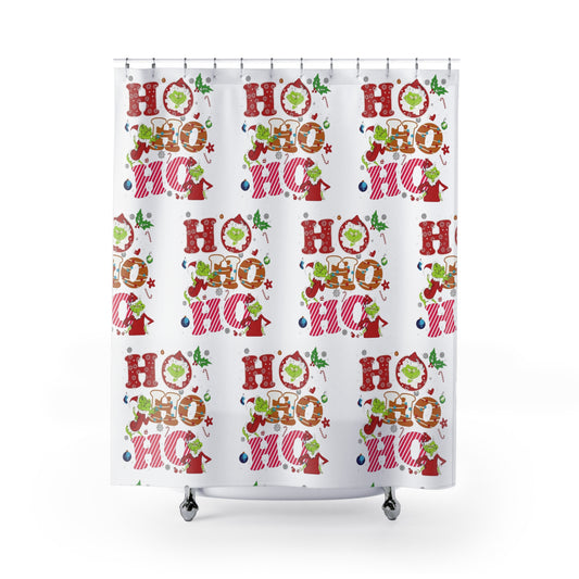 Festive Grinch Holiday Shower Curtain with 'HO HO HO' Design