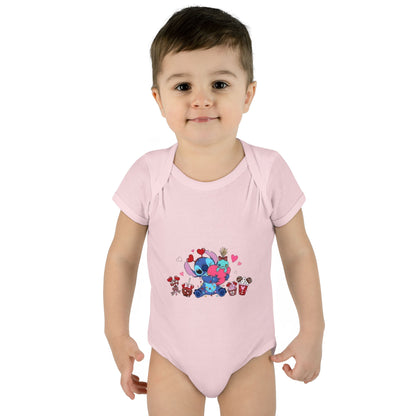 Stitch Valentine Baby Bodysuit — Cute Disney-Inspired Infant Onesie with Hearts & Treats