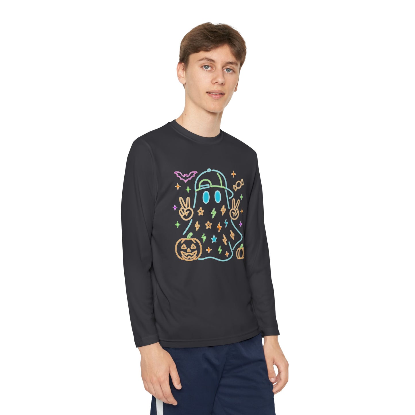Youth Long Sleeve Ghost Tee, Halloween Shirt, Pumpkin Design, Cute Apparel, Kids' Holiday Wear, Spooky Fun Top