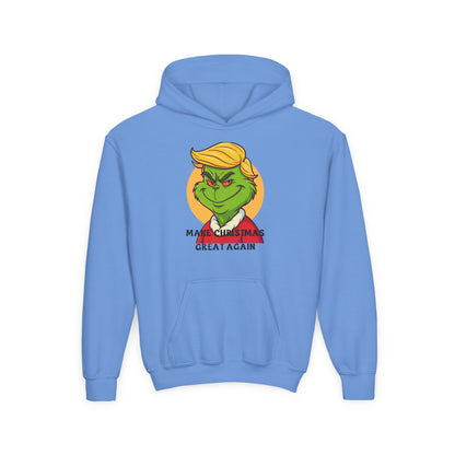 Youth Hoodie — Grinch Face Holiday Sweatshirt with 'Make Christmas Great Again' Text