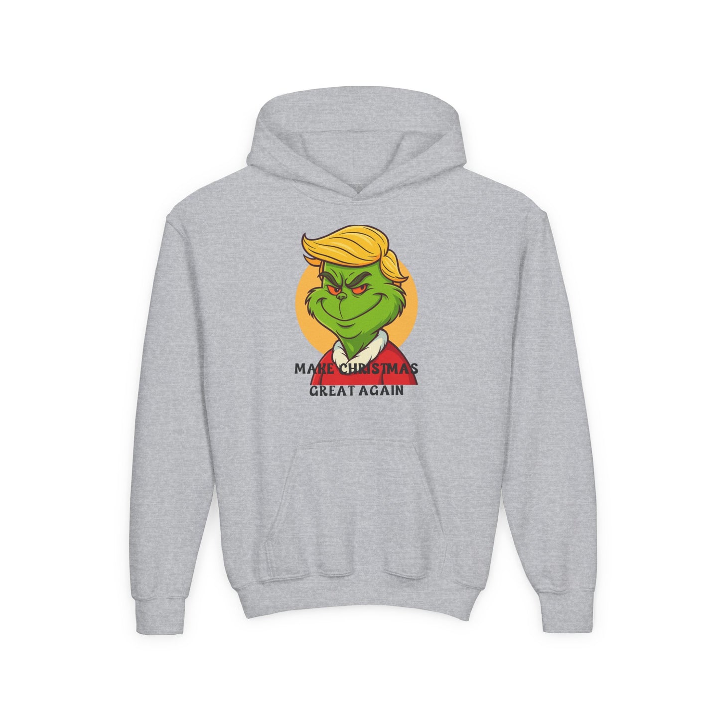 Youth Hoodie — Grinch Face Holiday Sweatshirt with 'Make Christmas Great Again' Text