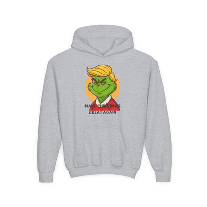 Youth Hoodie — Grinch Face Holiday Sweatshirt with 'Make Christmas Great Again' Text