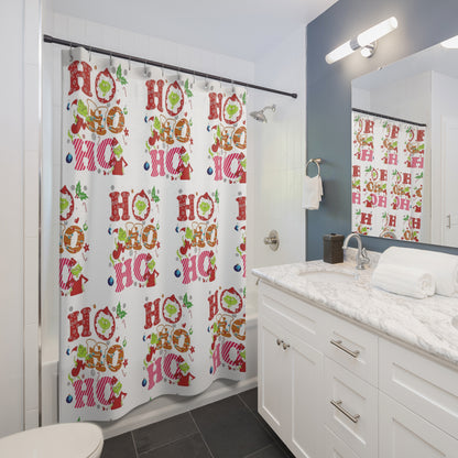 Festive Grinch Holiday Shower Curtain with 'HO HO HO' Design