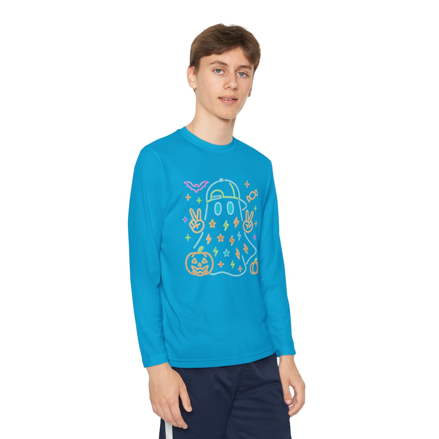 Youth Long Sleeve Ghost Tee, Halloween Shirt, Pumpkin Design, Cute Apparel, Kids' Holiday Wear, Spooky Fun Top
