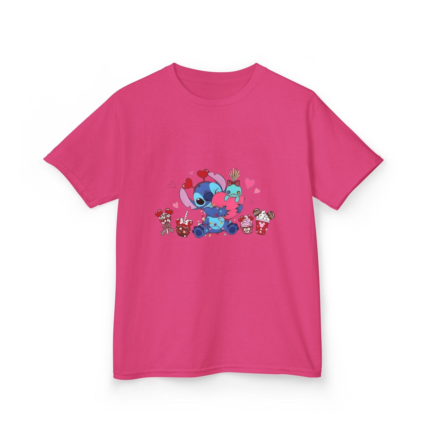 Stitch- Kids Valentine Alien Tee — Cute Blue Alien Hugging Pink Heart Plushie
