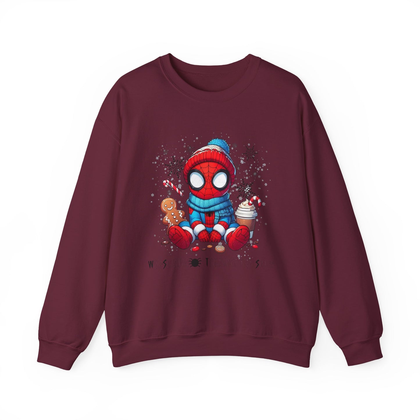 Holiday Spider Crewneck Sweatshirt — Cute Spidey in Winter Hat with Gingerbread & Cocoa