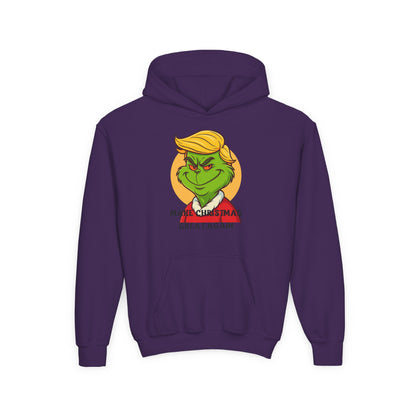 Youth Hoodie — Grinch Face Holiday Sweatshirt with 'Make Christmas Great Again' Text