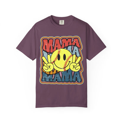 Mama Softball Smile T-Shirt — Retro Peace Sign Softball Mom Tee