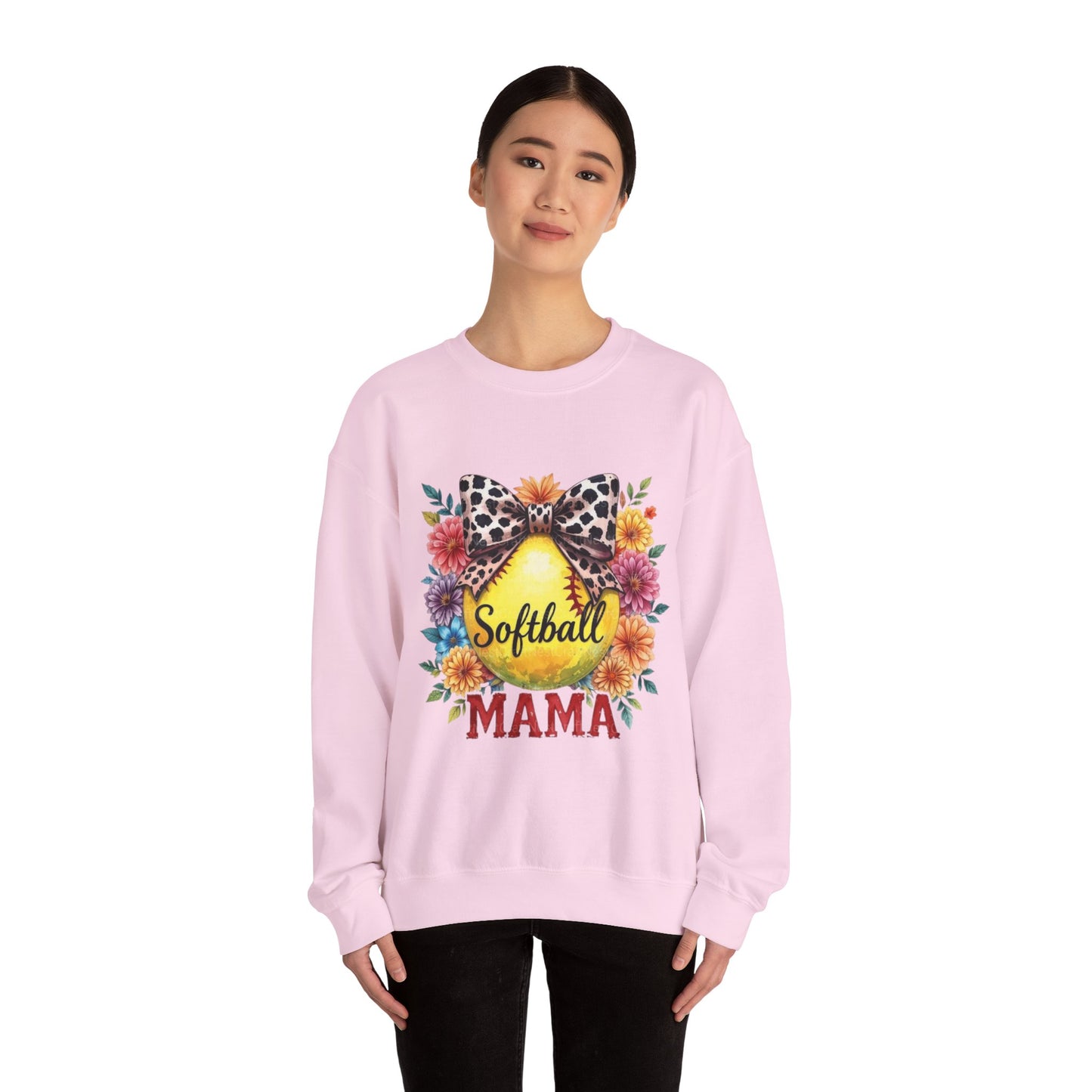 Softball Mama Crewneck Sweatshirt — Floral Softball Design with Leopard Bow