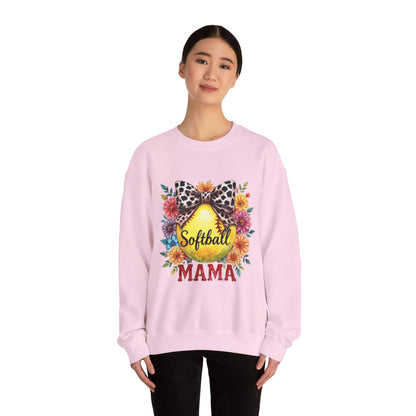Softball Mama Crewneck Sweatshirt — Floral Softball Design with Leopard Bow