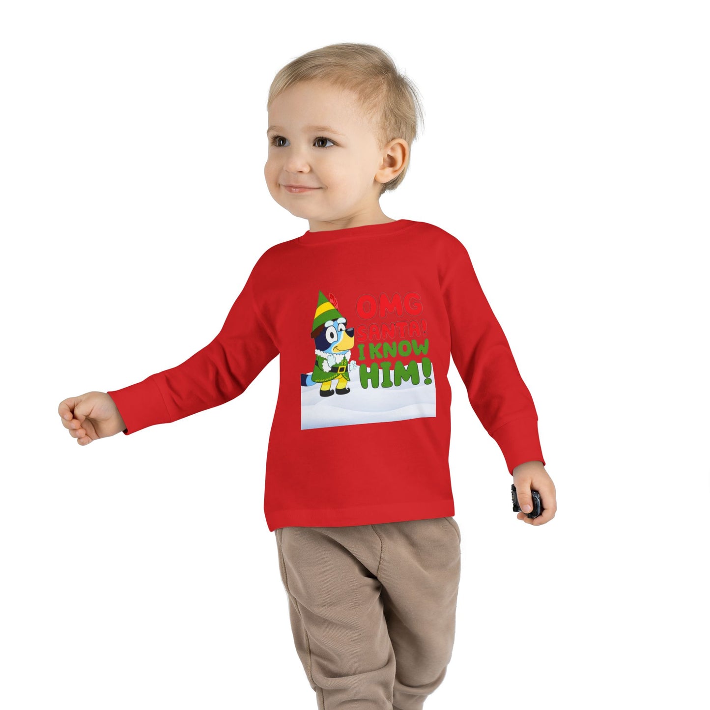 BLUE-Y Toddler Long Sleeve Tee — "OMG Santa! I Know Him!" DOG Christmas Shirt