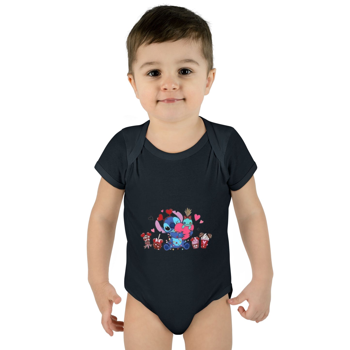 Stitch Valentine Baby Bodysuit — Cute Disney-Inspired Infant Onesie with Hearts & Treats
