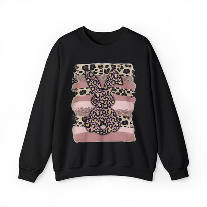 Leopard Print Bunny Crewneck Sweatshirt — Pink Striped Animal Easter Pullover
