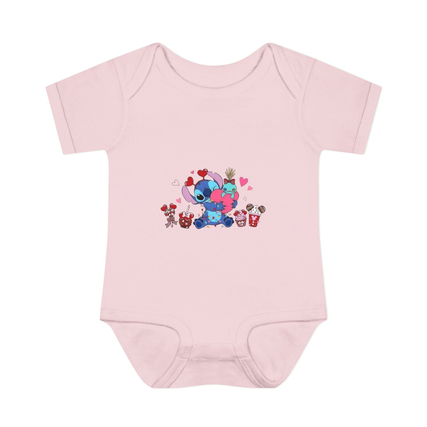 Stitch Valentine Baby Bodysuit — Cute Disney-Inspired Infant Onesie with Hearts & Treats
