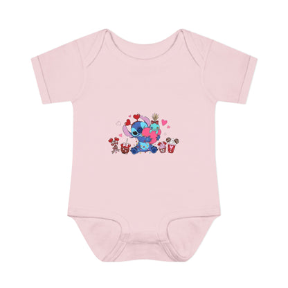 Stitch Valentine Baby Bodysuit — Cute Disney-Inspired Infant Onesie with Hearts & Treats