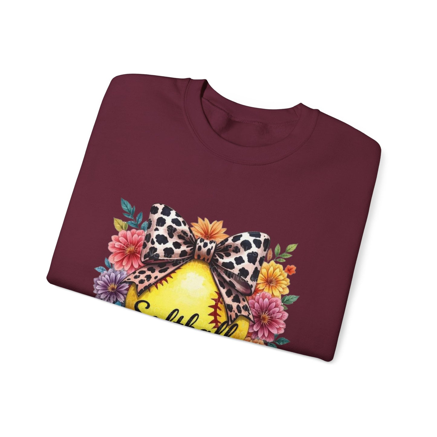 Softball Mama Crewneck Sweatshirt — Floral Softball Design with Leopard Bow