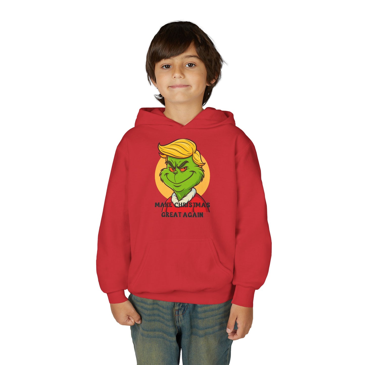 Youth Hoodie — Grinch Face Holiday Sweatshirt with 'Make Christmas Great Again' Text