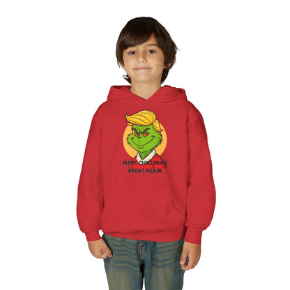 Youth Hoodie — Grinch Face Holiday Sweatshirt with 'Make Christmas Great Again' Text