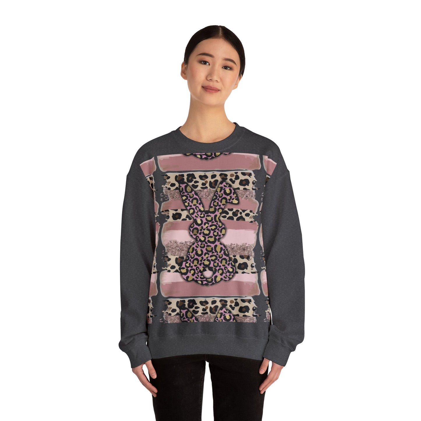 Leopard Print Bunny Crewneck Sweatshirt — Pink Striped Animal Easter Pullover