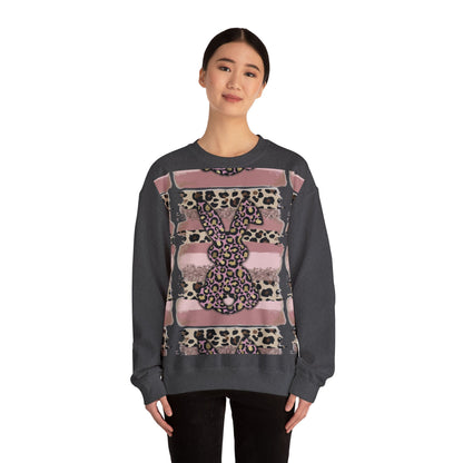 Leopard Print Bunny Crewneck Sweatshirt — Pink Striped Animal Easter Pullover